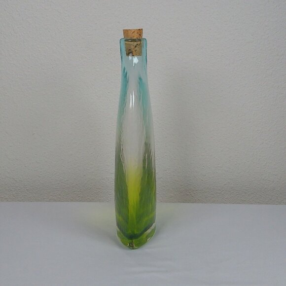 Blown Green Ombre Glass 10.5" tall Liquor Bottle Container Cork Stopper Decor - Picture 2 of 8